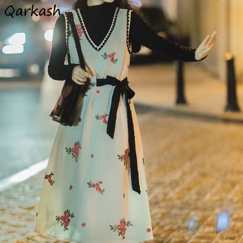 

Sets Women Clothing Spliced Printing Elegant Dresses Youth Trendy Long-sleeve Shirt Sweet Streetwear Newly A-line Slim Leisure