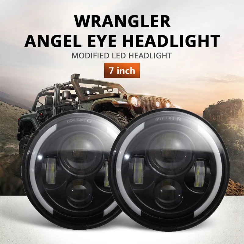 7 Inch LED Headlight 150W H4 Hi-Lo Turn Light With Halo Angel Eyes For Lada 4x4 urban Niva JK Land rover defender Hummer