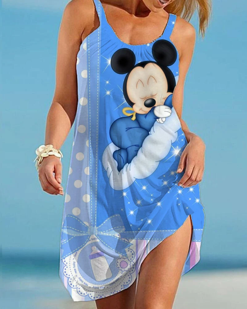 

2022 Disney Minnie Mickey Mouse Women Summer Beach Dress Sexy Cartoon Print Hem Loose Beach Dresse Summer Beach Holiday Sundress