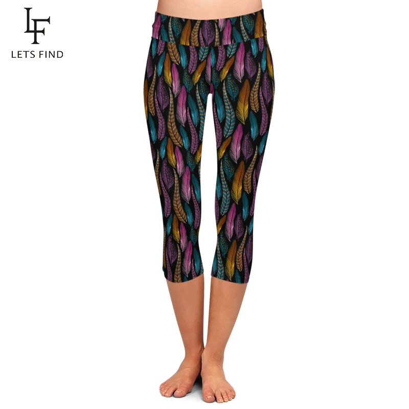 LETSFIND  Women Colorful Feathers Milk Silk Print Mid-Calf Pants High Waist Fashion Fitness Elastic Capri Leggings