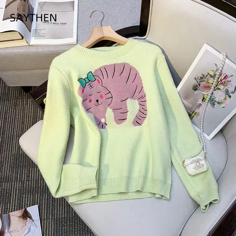 

SAYTHEN Autumn Winter 2022 Women New Brand Design Funny Cute Tiger Embroidery Colourful Knitwear Loose Sweater Pullover ST221125