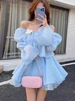 2022 new spring korean sweet two piece set women short shirt blouse crop top mesh cake skirt suits fashion fairy 2 piece suits
