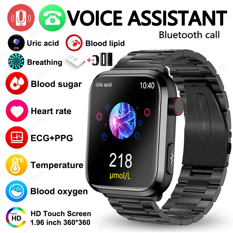 

2023 Blood Sugar Smart Watch Health Blood Lipid Uric Acid Heart Rate Monitor ECG+PPG Sport Watch Breathing Training Smartwatch