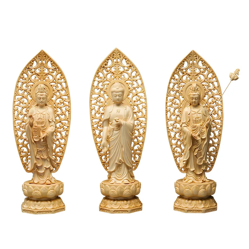 

Solid wood carving ，Guanyin, Tathagata ，Chinese Buddha Statue ，Home living room, Temple decorations 22cm 3-piece set