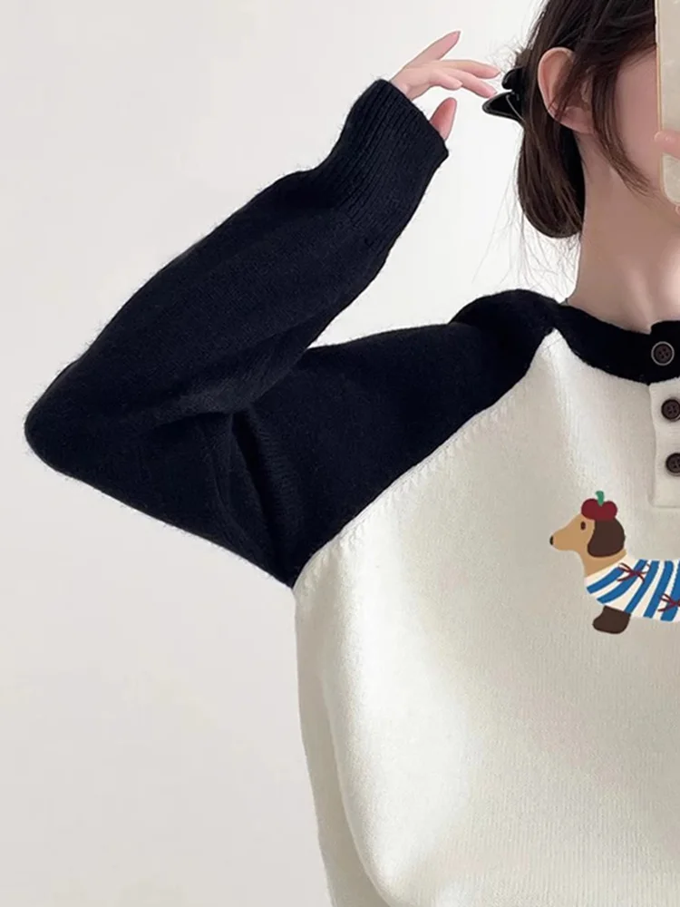 Super Nice Black and White Raglan Sleeve Cartoon Puppy Print Knit Women Early Autumn 2024 New All-Matching Western Sle Top