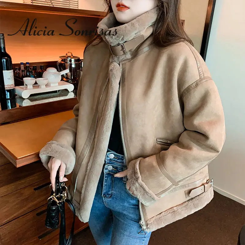 

2021 Winter Autumn Women Thick Faux Sheepskin Thick Lamb Fur Leather Warm Motorcycle Jacket Solid Zipper Pocket Hipster Coat