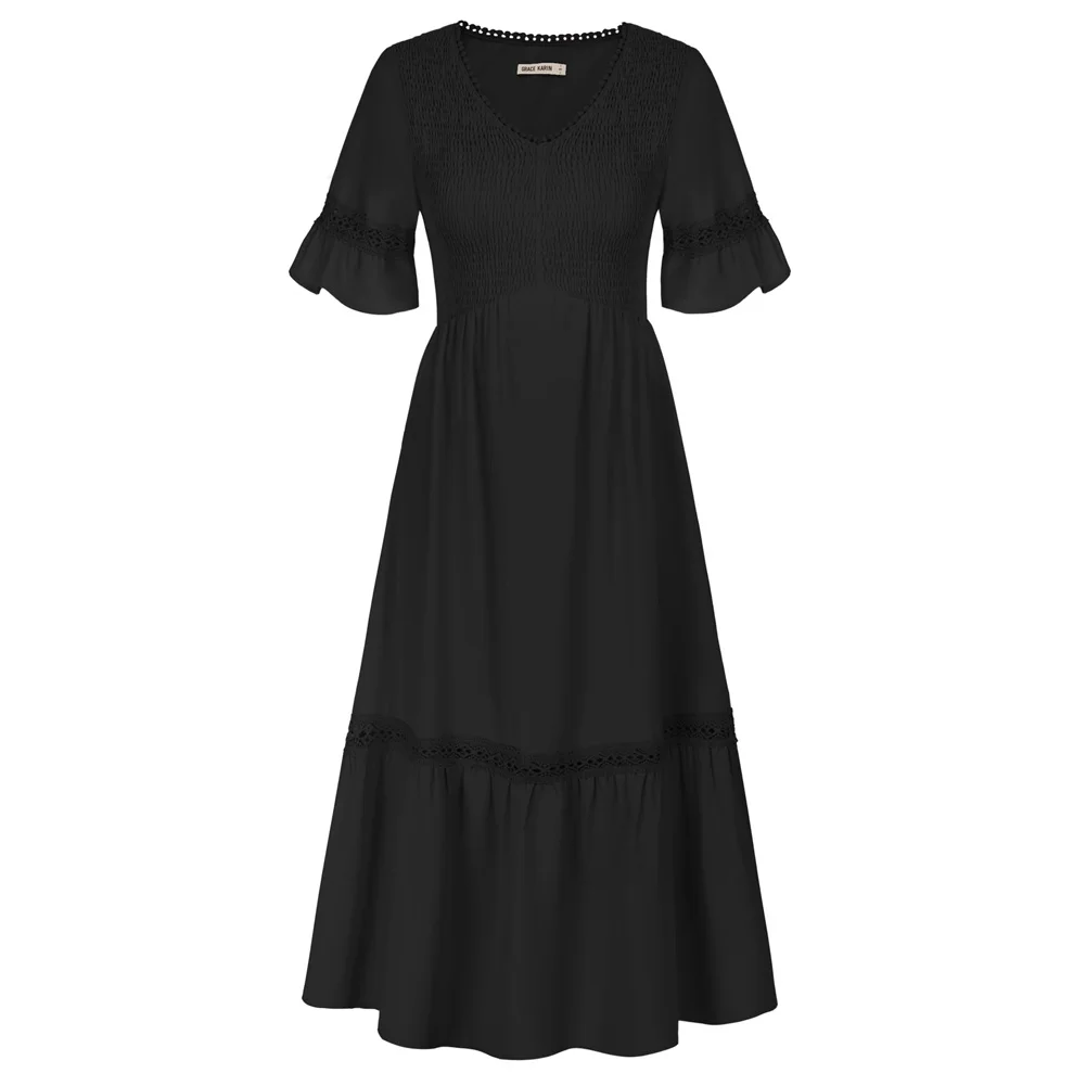 

GK Women Smocked Bodice Dress Casual Short Bell Sleeve V-Neck A-Line Dress