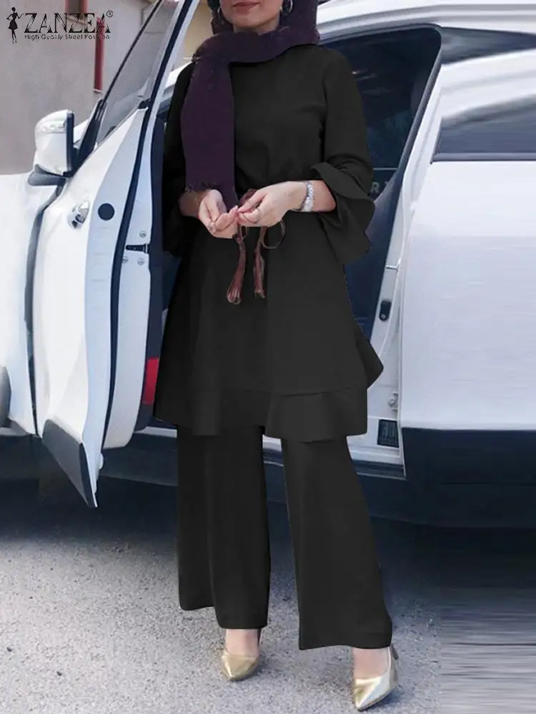 ZANZEA Fashion Work OL Suits Abaya Kaftan Women Lace-Up Solid Muslim Sets O-Neck Flare Sleeve Buttons Blouse And Wide Leg Pants