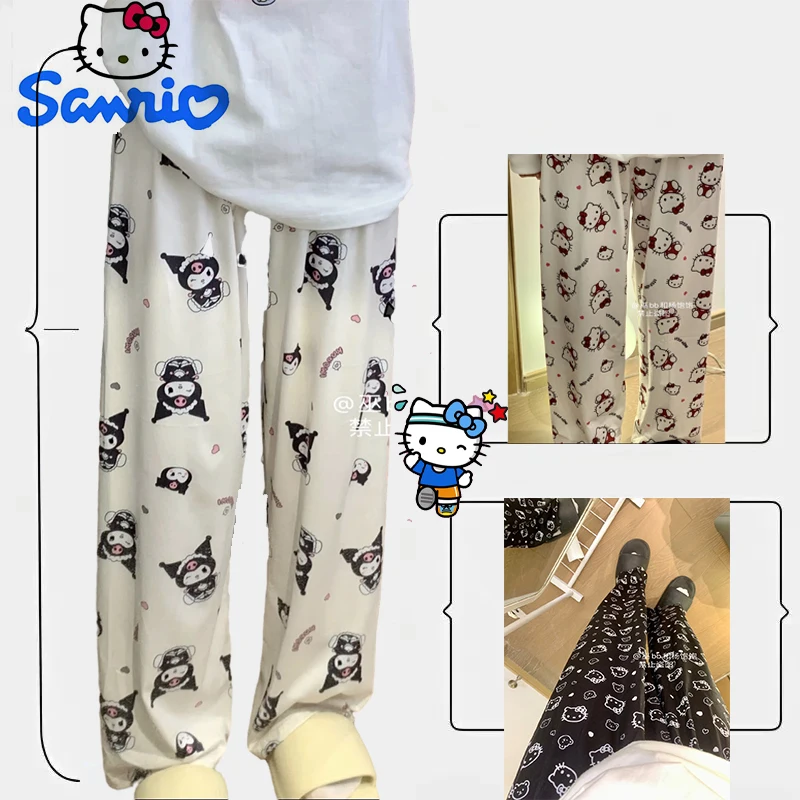 

Женские Пижамные брюки Sanrio, Hello Kitty Melody Kuromi Kawaii Y2K свободного размера, домашняя одежда для девочек, повседневные брюки с милым принтом, подарок