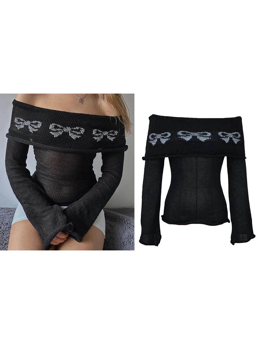 2024 Autumn Sexy Hollow Off Shoulder Casual Pullover Knitted Tops Women's Crocheted Chest Folding Boat Neck Long Sleeve Sweater