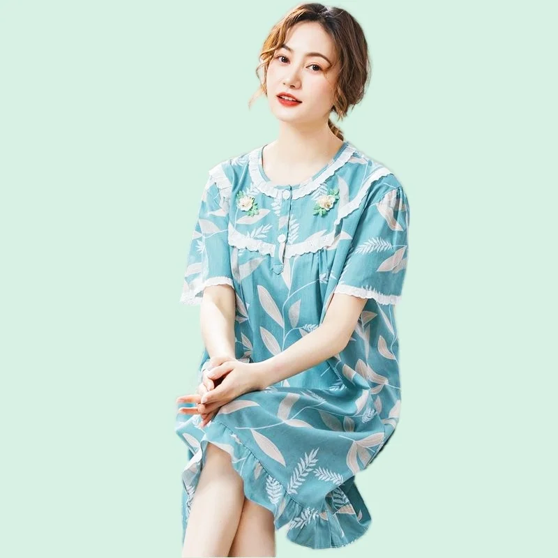 Summer Casual Women's Plaid Nightdress For Women Elastic Cotton Flower Nightgown O-Neck Short Sleeve Nightwear Fashion Clothes