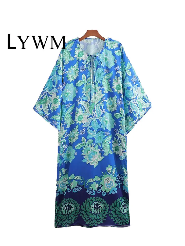 

Женское модное свободное платье-миди LYWM с принтом, винтажные женские шикарные платья с коротким рукавом и круглым вырезом на шнуровке