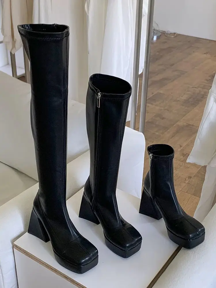 

Женские сапоги до колена с квадратным носком, черные зимние классические сапоги на толстом высоком каблуке и боковой молнии, 2023