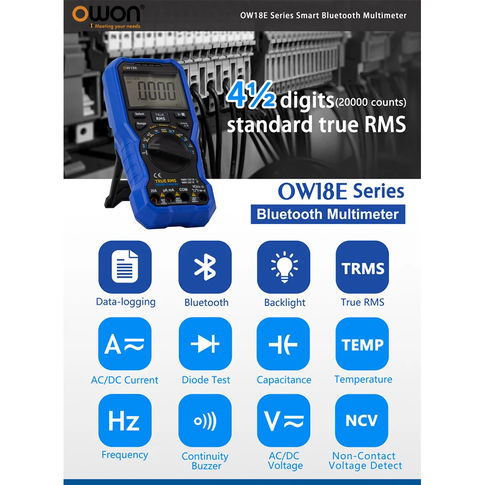 Цифровой ручной мультиметр OWON OW18D OW18E, 4 1/2 цифр, функция фонарика, Функция измерения истинных среднеквадратичных значений, 20000 отсчетов