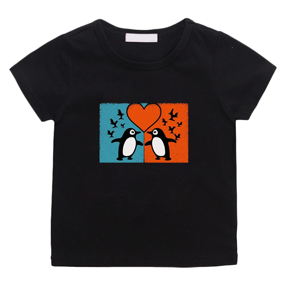 

K-keith H-haring Cartoon Print T-shirt Kawaii Penguin Animal Graphic Tee-shirt Short Sleeve 100% Cotton Children Tees Boys Girls