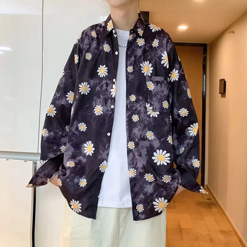 Sunflower Men's Shirt with Print Korean Clothes Fashion Shirts 2022 Man Slim Fit Social Casual Shirt Harajuku Long Sleeve Shirts
