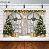 winter christmas backdrop brick wall window x mas tree photography background gifts wreath snow bell decor poster photo studio