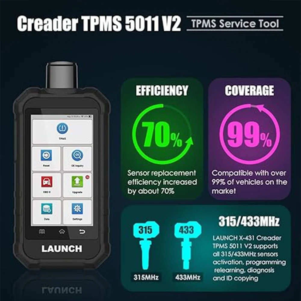 LAUNCH X431 Creader TPMS 5011 V2 Датчик программирования давления в шинах Сканер Поддерживает все 315433 МГц с 12 сервисными функциями (art.: 3920ca3bed25d) - 3920ca3bed25d