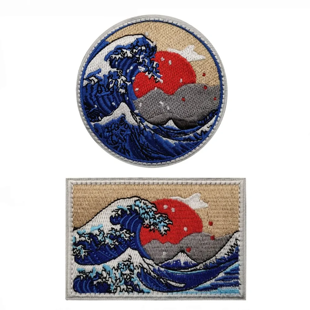 

Japanese Ukiyoe Embroidered Hook & Loop Patches Kanagawa Wave Armband Morale Badges on Backpack Hat Sewing Sticker Jacket Patch
