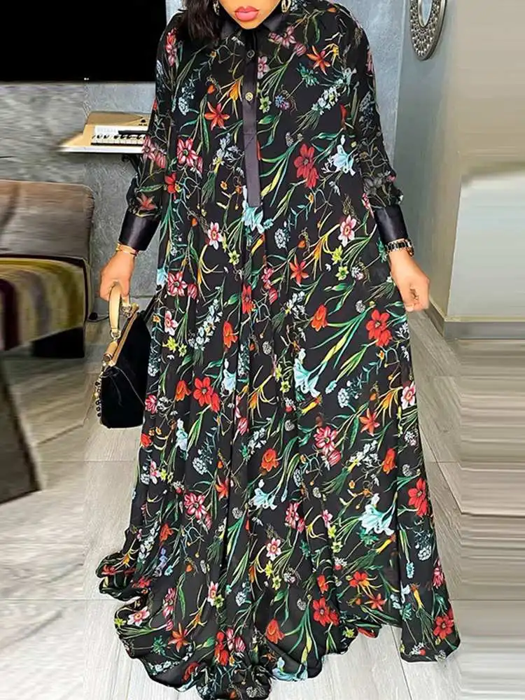 

VONDA Bohemian Summer Dress 2022 Women Fashion Long Sleeve Floral Print Shirt Sundress Lapel Button Holiday Party Maxi Vestidos