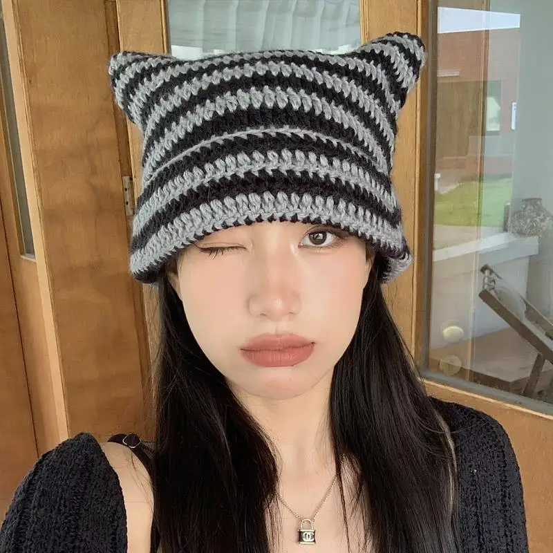 

Devil Striped Knitted Hat Men Women Winter Warmer Cute Cat Ears Skullies Cap Autumn Woolen Beanies Hat Female Hip Hop Cap Bonnet