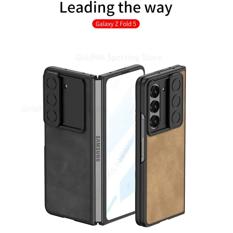 Capa For Samsung Z Fold 5 5G Matte Leather Phone Case For Galaxy Z Fold5 5G Push Window Slide Lens Flip Cover with Tempered Film
