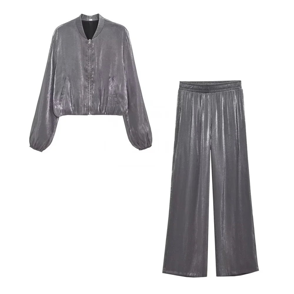 

Autumn new women's style holiday style silk satin bomber jacket metallic foil jacket high waist trousers 849535080 8400350