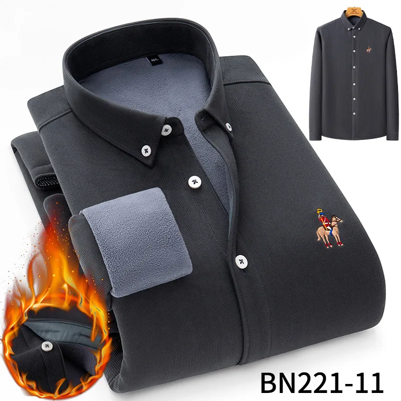 Mattswag Men Thicken Plush Embroidery Long Sleeve Shirts Autumn Winter Corduroy Warm Men's Shirts Slim Button Down Camisa Hombre
