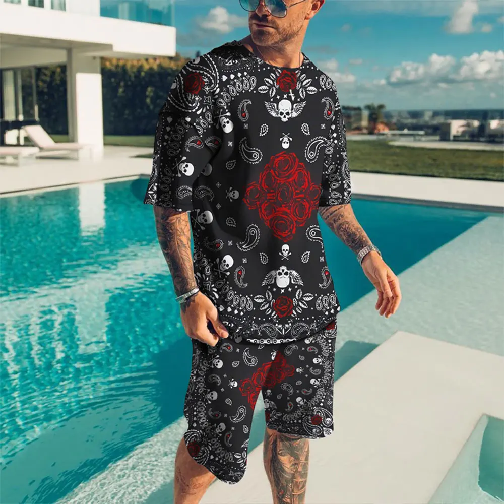 Summer Suits for Men Sets Causal Short Sleeve Tshirt Beach Shorts Sportswear Man O-neck T-shirt 2-piece Tracksuits Clothing