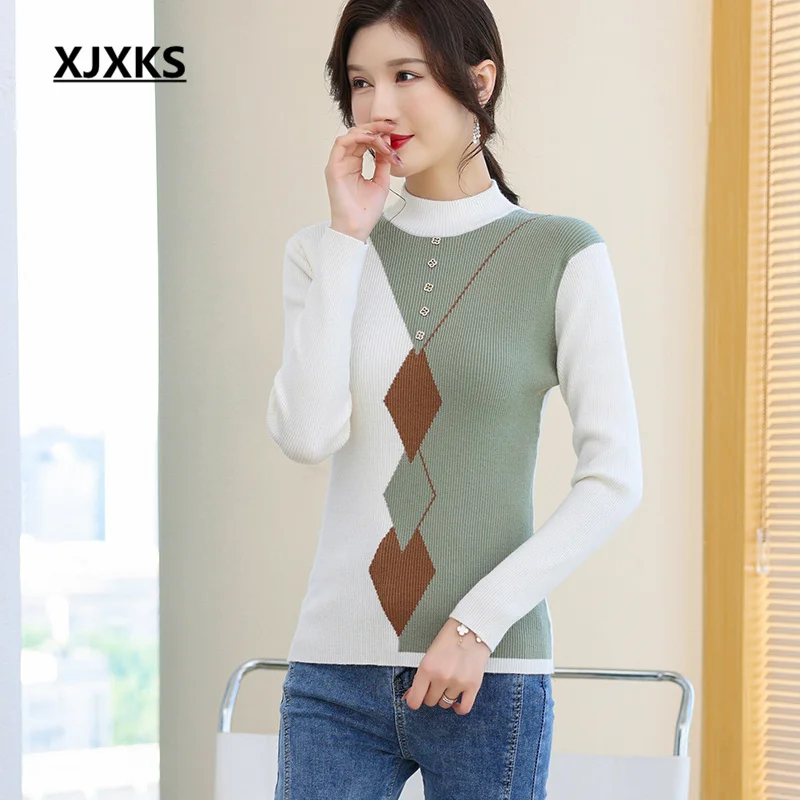 

XJXKS 2022 зимний свитер с воротником «хомут», Женский пуловер, тонкий высокоэластичный шерстяной вязаный Топ, яркий женский свитер