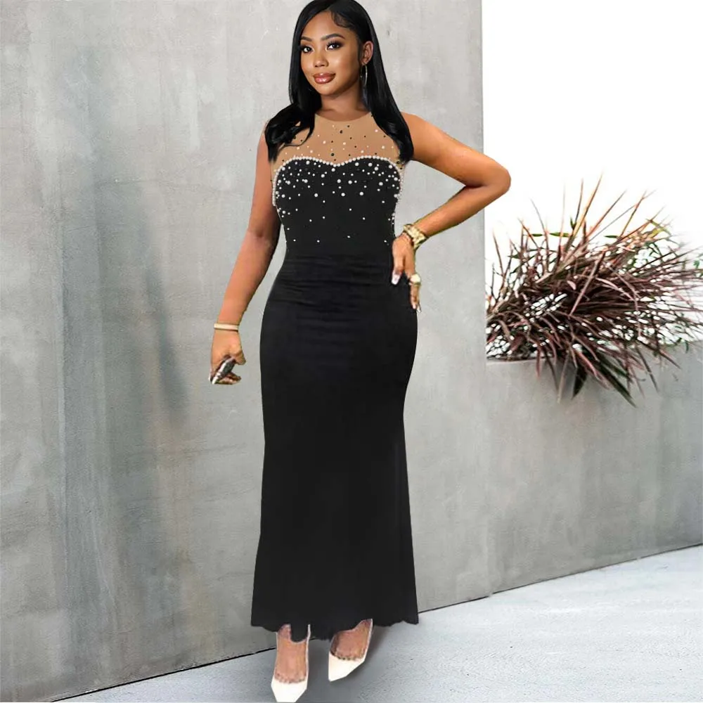 

2022 Fashion Women Dress Bead Lace Patchwork Non-sleeve Backless Slim Pullover Round Neck Elegant Chic Sexy Ladies Summer Dress