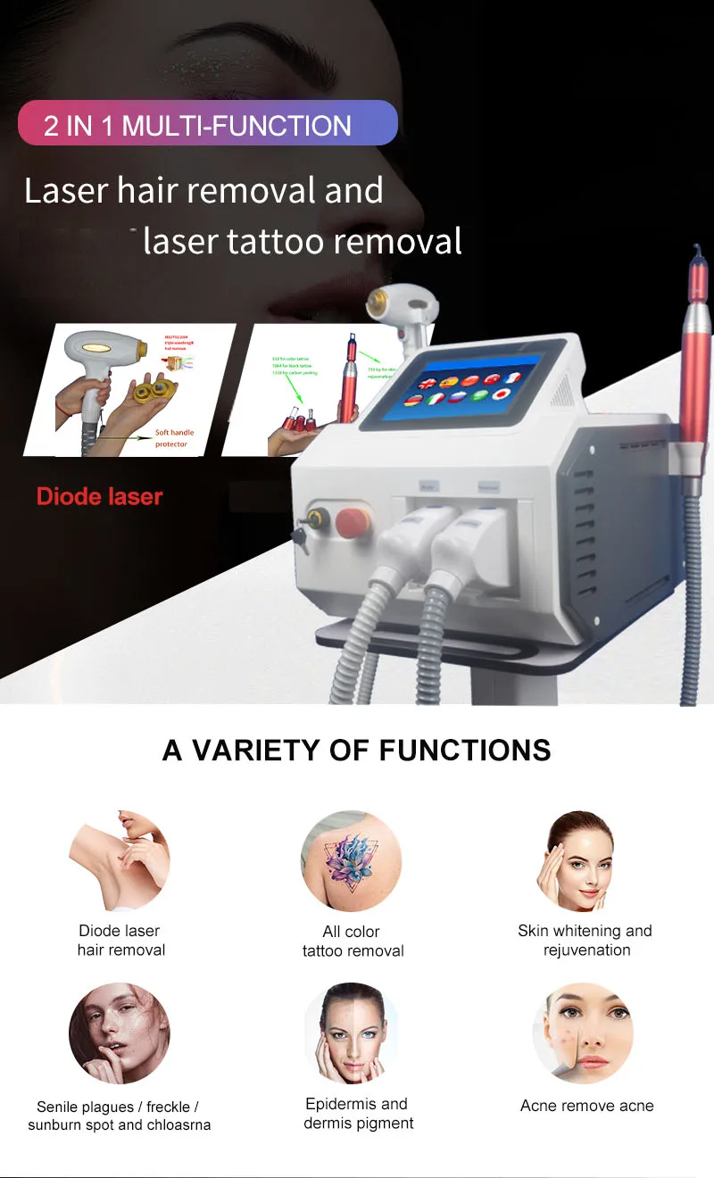 

2 in 1 Multi-functional ND YAG Laser Tattoo Removal Device 755 808 1064nm Diode Hair Removal Equipment Tattoo Removal Machines