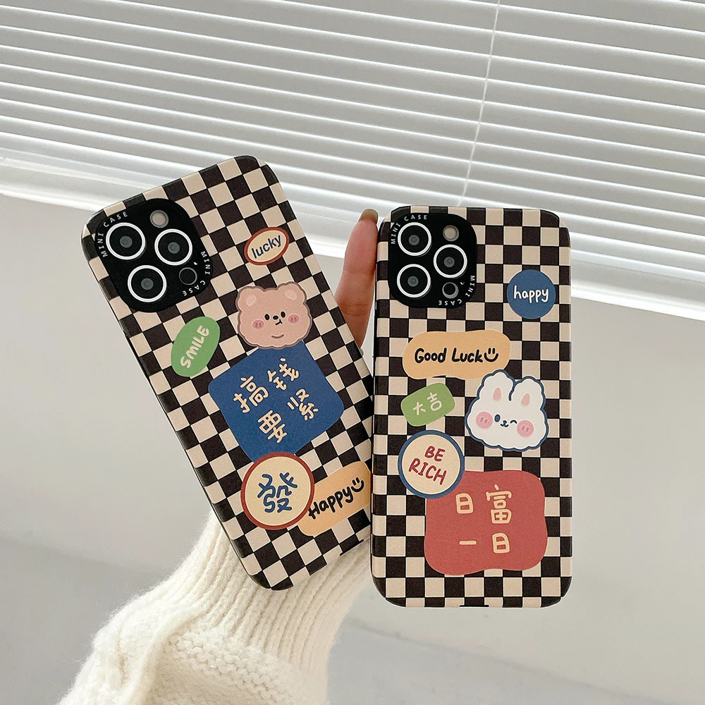 

Fashion Lattice Creative Cute Rabbit Phone Cases For iPhone 13 12 11 Pro Max XR XS MAX 8 X 7 SE Lady Girl Shockproof Soft Shell