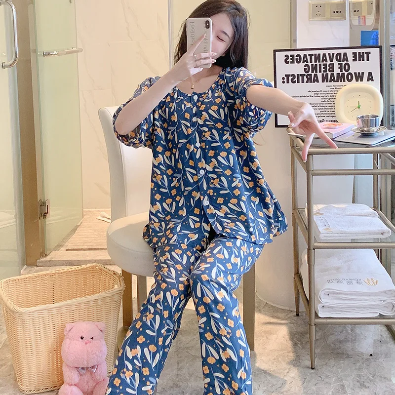 Women Mom Sleepwear Short sleeve trousers sleep Cotton Silk Pajamas Set  Outerwear Excellent leisure Summer Thin Nightdress