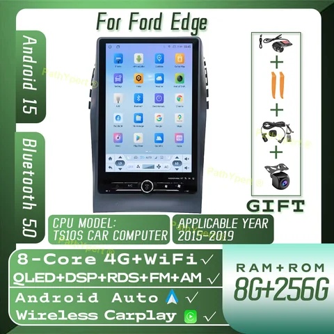 8 + 256 ГБ Android15 для Ford Edge 2015-2019 2 Din Автомобильный радиоприемник Беспроводной мультимедийный плеер CarPlay Головное устройство BT GPS Стерео Подарок Навига