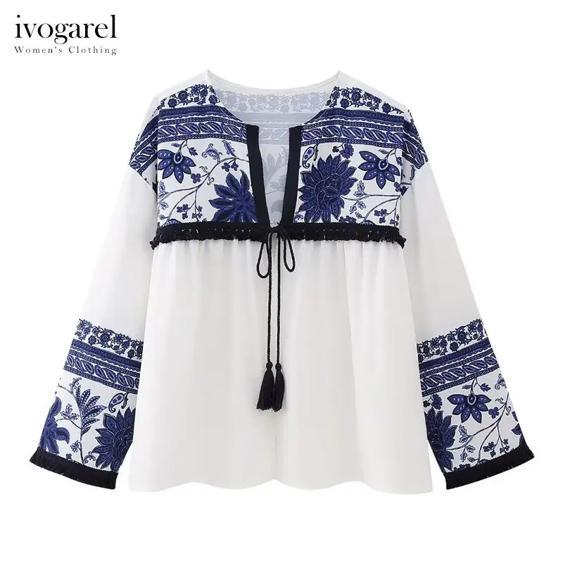 

Ivogarel Woman's Printed Open Jacket with Beading Appliqué Vintage White Summer Blouse Shirt Chiffon Long Sleeves Traff 2023 New