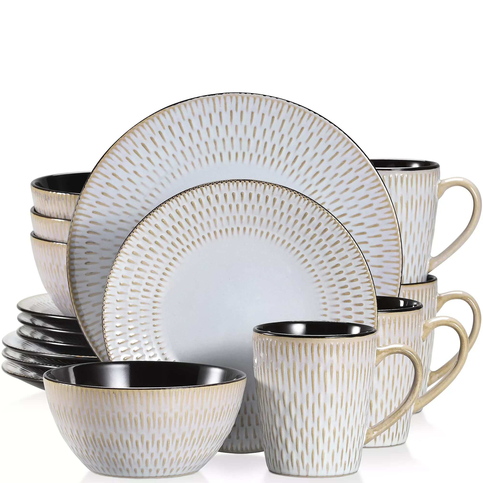 

16/32/48 Piece Grey Embossed Stoneware Tableware Set with Dinner/Dessert Plate/Soup Bowl/Mug Service for 4/8/12