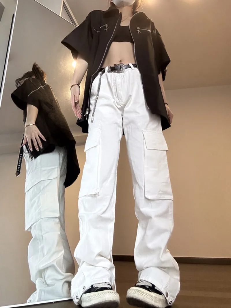 

American vintage cargo jeans women's summer white high waist show slim design sense of high street vibe straight leg pants