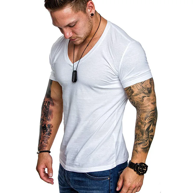 

T Shirt Men Short Sleeve Solid Color T-Shirt Cotton Bodybuilding Workout Tees V-Neck Streetwear Tops Clothing