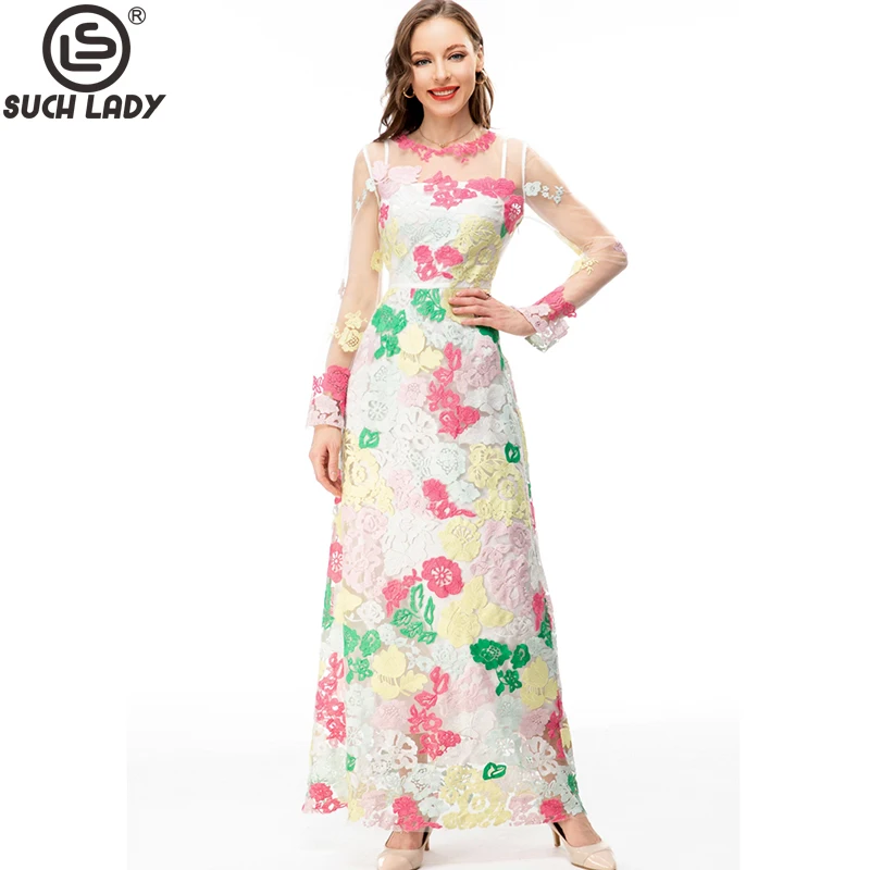 Women's Runway Dresses O Neck Long Sleeves Embroidery Foral Elegant Designer Party Prom Gown Vestidos