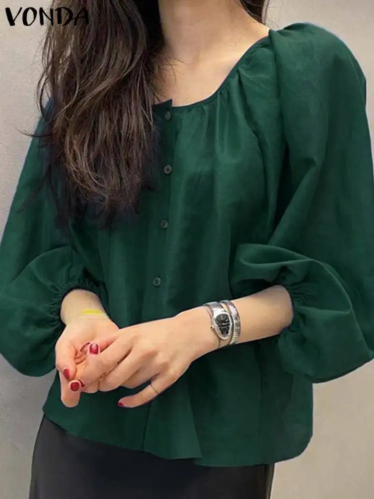 

2023 VONDA Women Fashion Blouses Long Sleeve Solid Color Shirts Summer O Neck Buttons Casual Loose Party Tunic Tops Blusas Femme