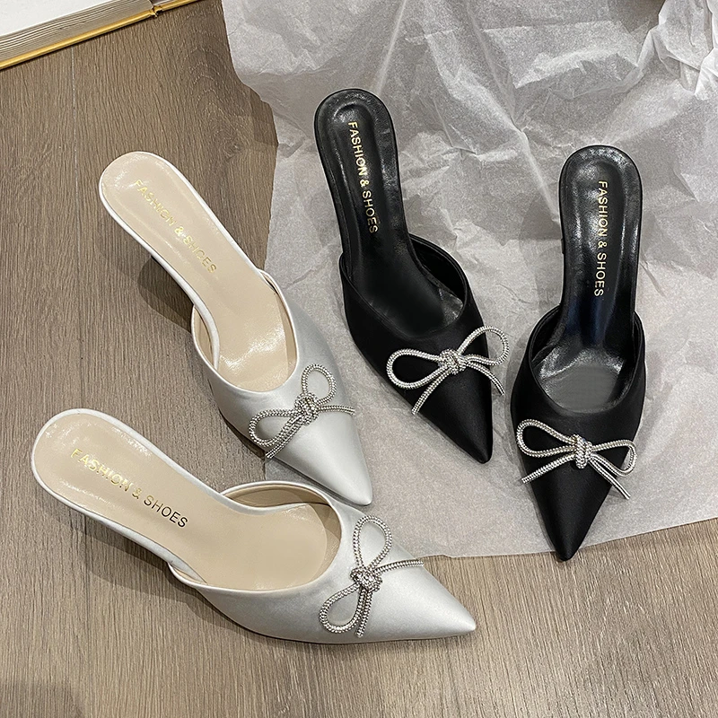 

Шлепанцы женские классические с бантом-бабочкой, базовые сланцы, заостренный носок, тонкий высокий каблук, однотонные летние тапочки для от...