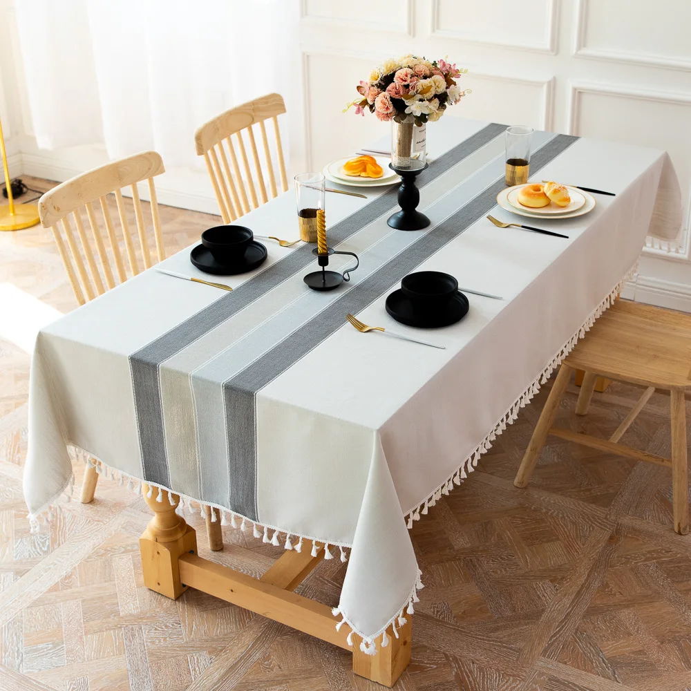 

Simple Striped Decorative Linen Tablecloth Tassel Thickened Rectangular Wedding Table Cover