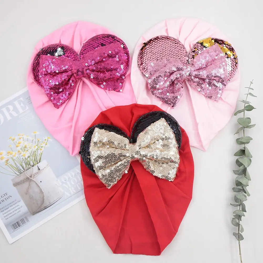 

12pcs Sequin Hairbows Classic Mouse Ears Turban Infant Toddler Newborn Baby Bonnet Cotton Head wraps Kids Beanie Caps Headband