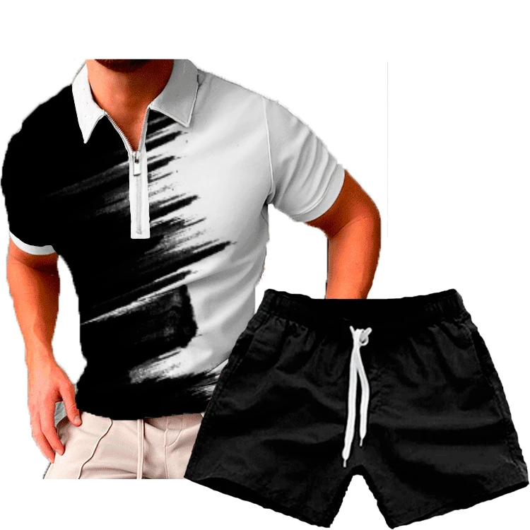 2023 summer new mens Camouflage short-sleeved T-shirt+shorts 2-piece suit lapel slim polo shirt Men's Sets Asian size