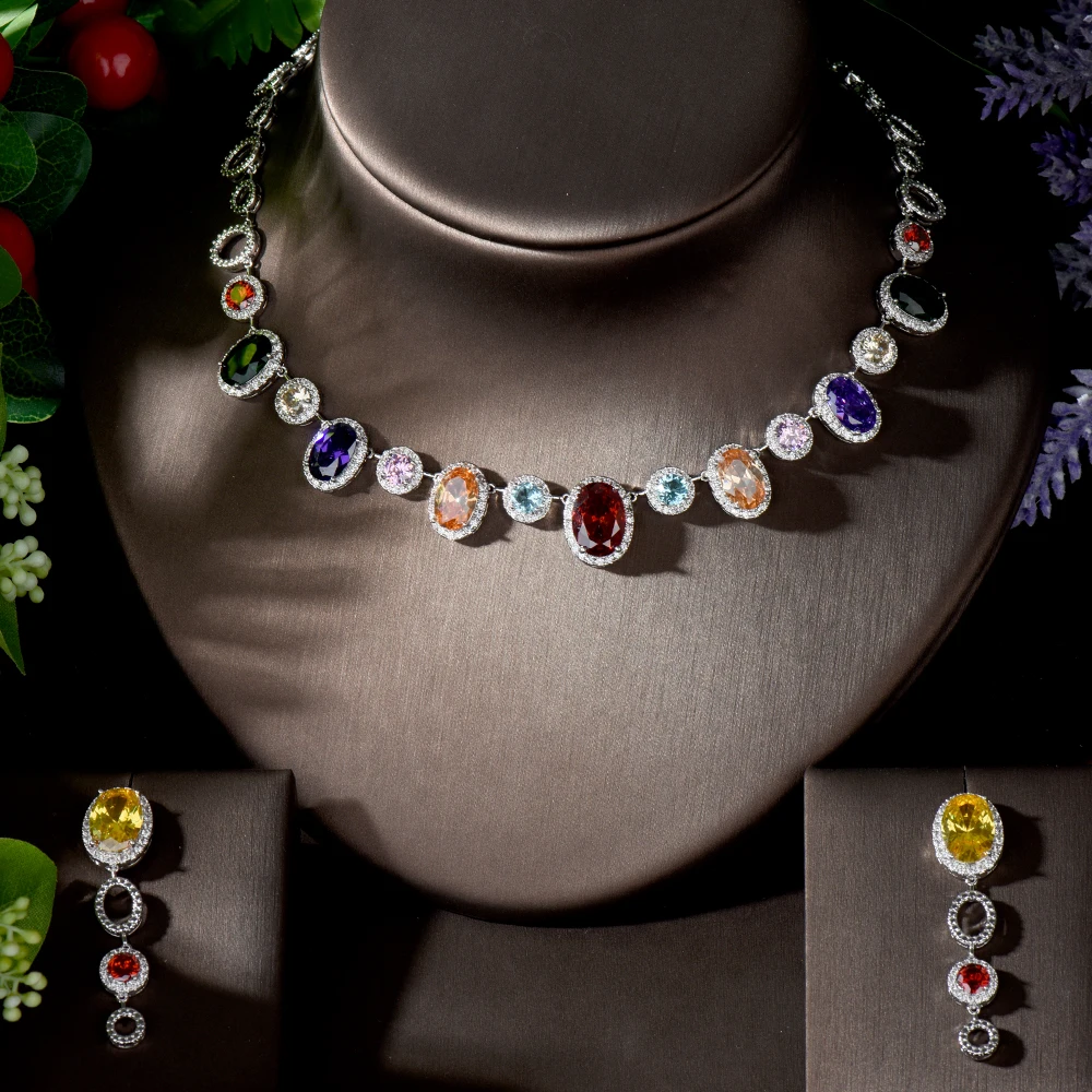 

Fashion Luxury Tassel Drop African Big Cubic Zirconia Multicolor Wedding Party Bride Necklace and Earring Jewelry Sets N-1255