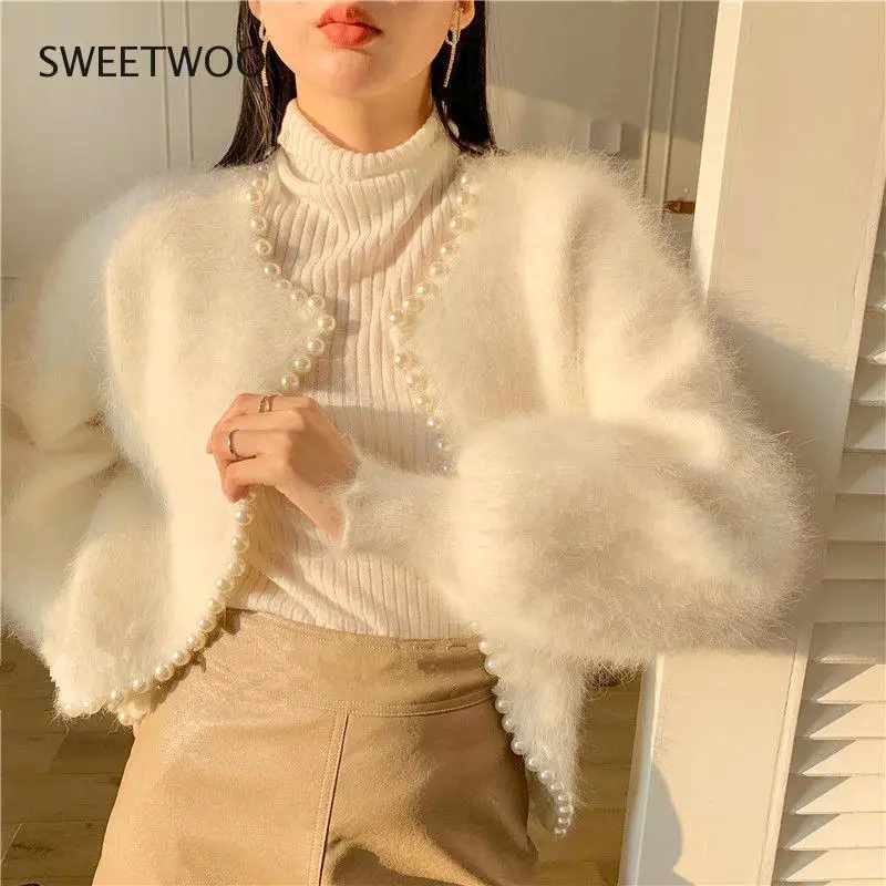 

Sweet Lantern Sleeve Faux Mink Cashmere Sweater Knitted Cardigan Korean Beads 2021 Causal Knitwear Open Stitch Fashion Tide Slim