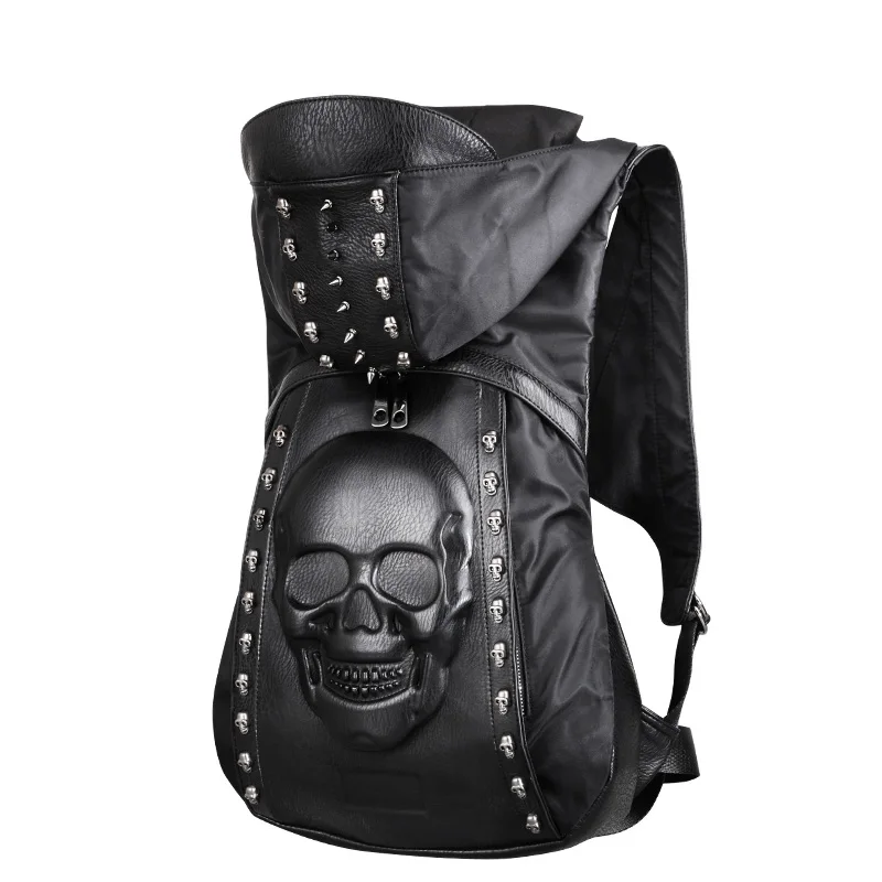 

Man 3D Embossed Skull Punk Rock Gothic Leather Backpack Rivets Laptop Travel Soft Backpack With HoodCap Apparel Women Bag Hiphop