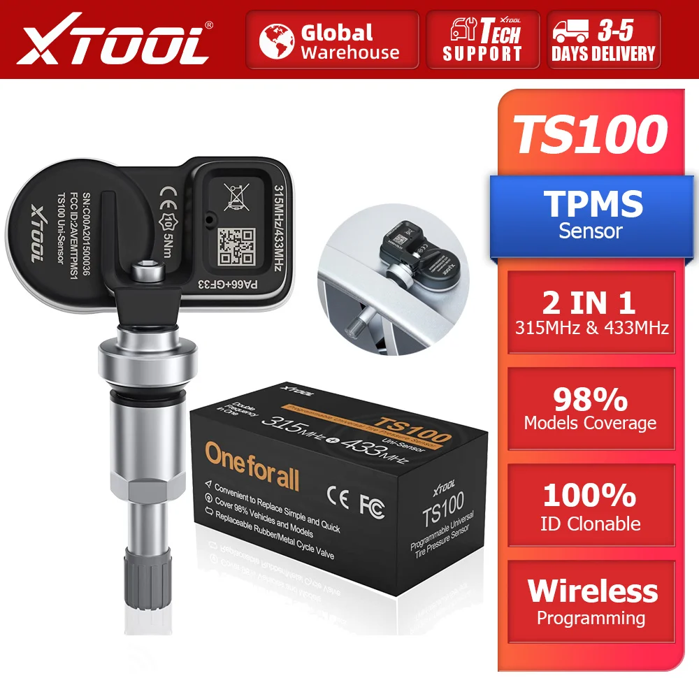 XTOOL TS100 315 и 433 МГц 2 в 1 датчик TPMS для системы контроля давления в шинах Универсальный датчик XTOOL 98% охват моделей для TP150 IP819TP Беспроводные инструменты TPMS Длительный срок службы батареи