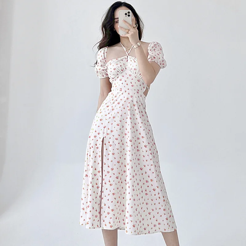 

Women Floral Print Dress Summer Puff Sleeve Bandage Slit Dress